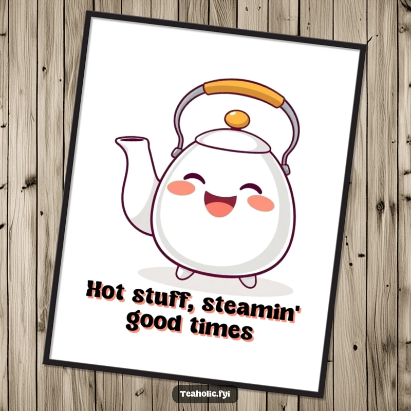 Funny Free Printable Tea Kettle Wall Art: A happy tea kettle character whistling with a wide, musical grin, radiating cheerful and melodic vibes.