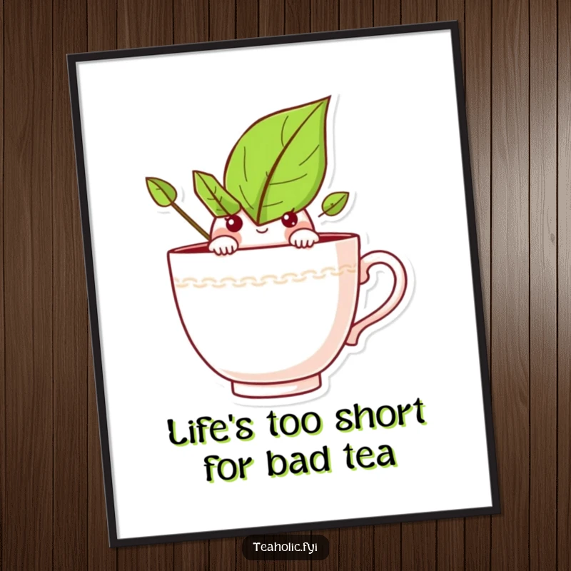 Funny Free Printable Wall Art: A curious tea leaf character peeking over the rim of a teacup, a whimsical and funny decor piece.