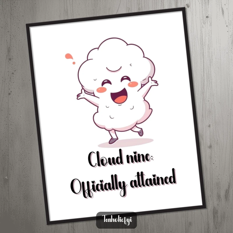 Funny free printable wall art depicting an ecstatic steam cloud character doing a vigorous happy dance, full of joy.