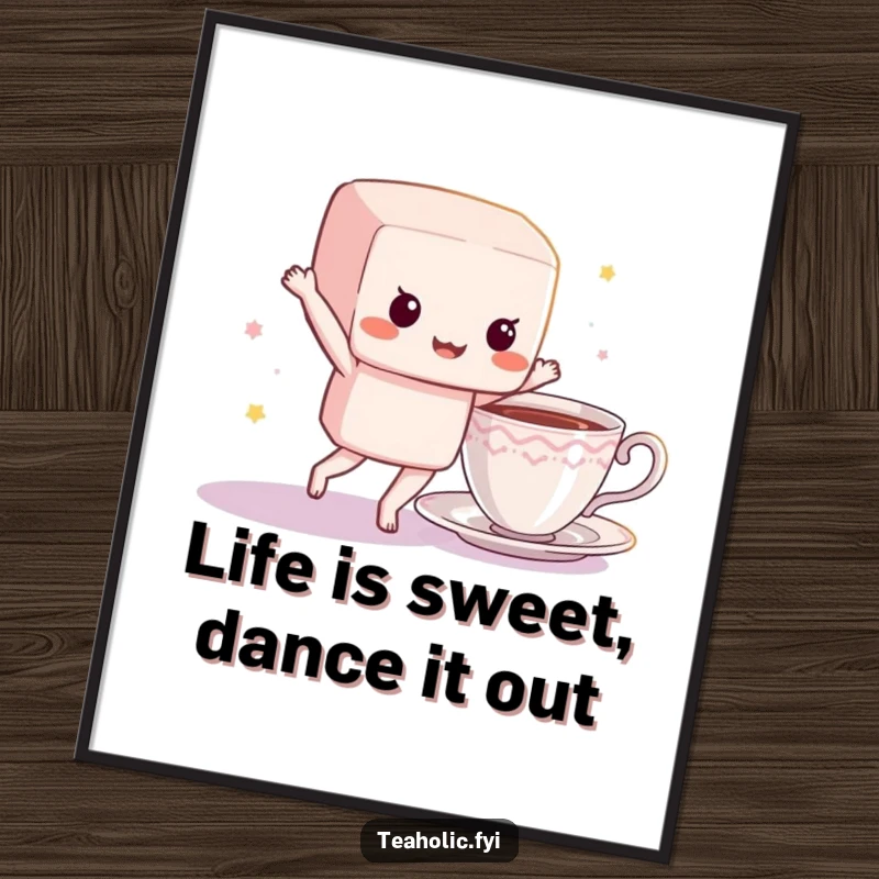 Funny Free Printable Wall Art showing a bouncing sugar cube character dancing energetically near a teacup, perfect for a cheerful atmosphere.