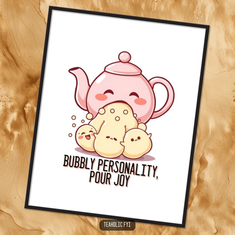 Funny Free Printable Wall Art: Giggling Teapot character pouring a delightful stream of cheerful bubble-like characters.