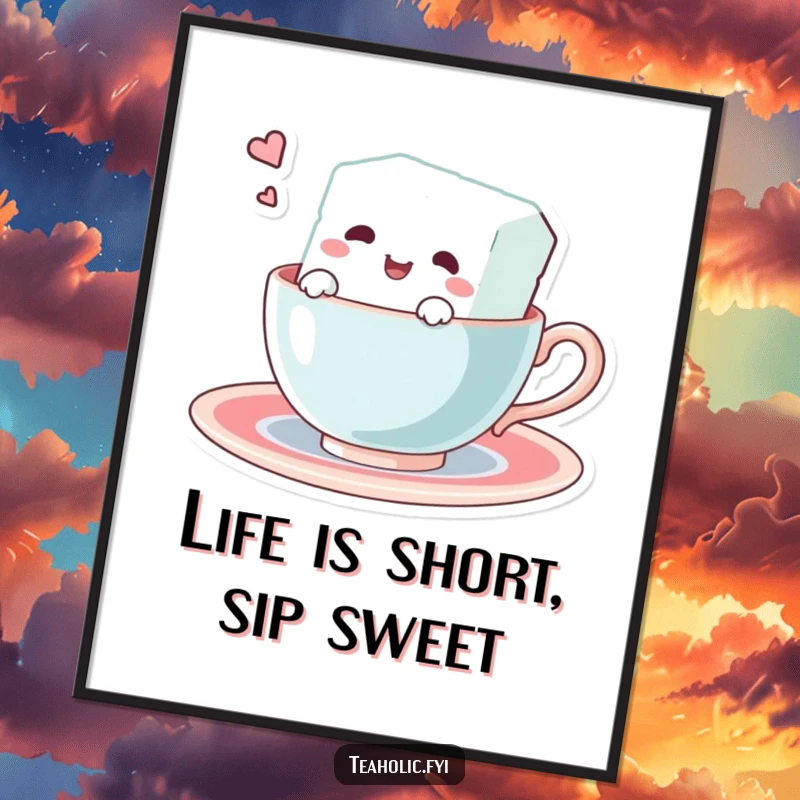 Funny Free Printable Wall Art: Delighted sugar cube character joyfully swims in a teacup, radiating happiness.