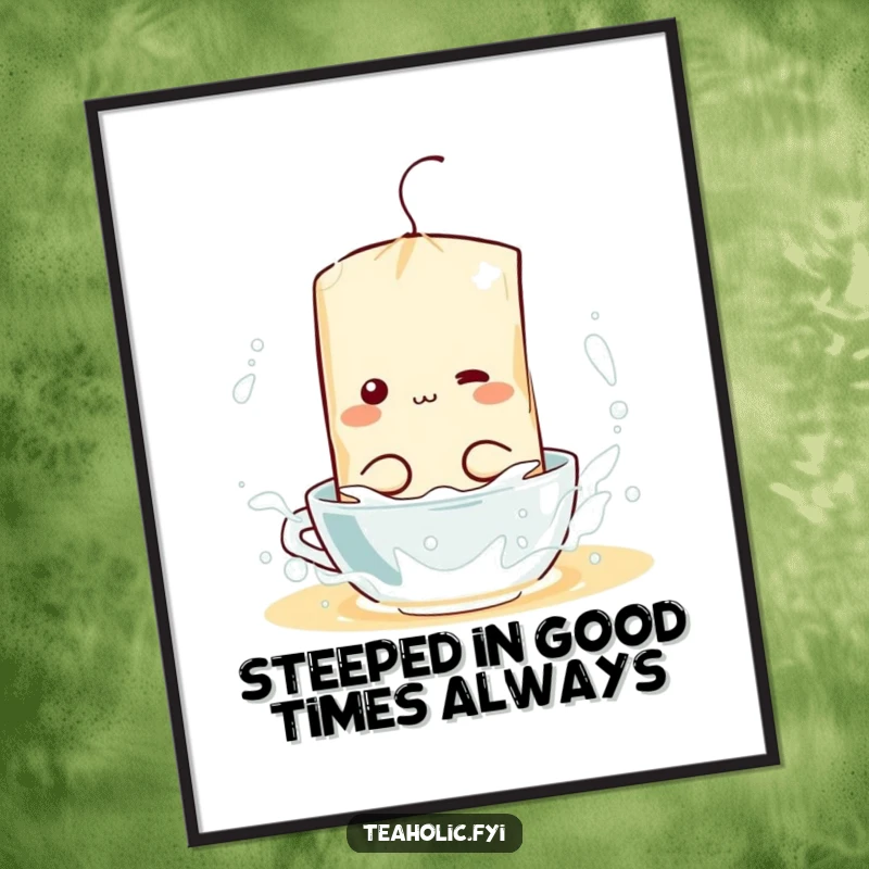 Funny free printable wall art depicting a happy tea bag character having a playful splash party in a mug of hot water.
