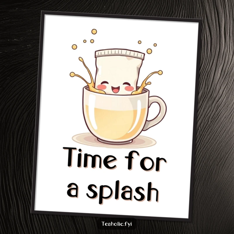 Funny free printable wall art depicting a happy tea bag character having a joyful splash party in a steaming mug.