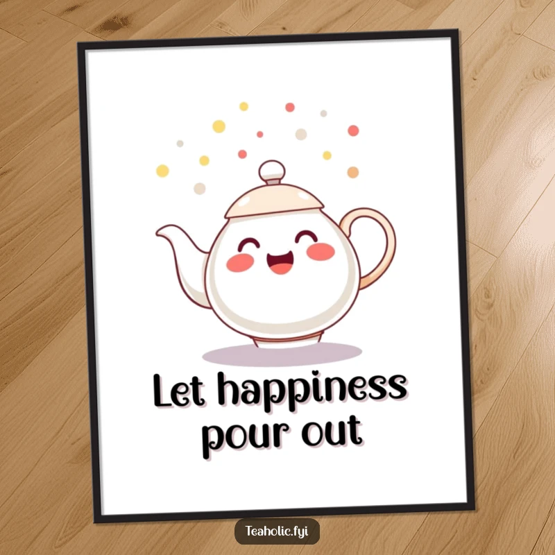 Funny Free Printable Wall Art: A cheerful teapot character spills droplets of tea that scatter like delightful, playful confetti.