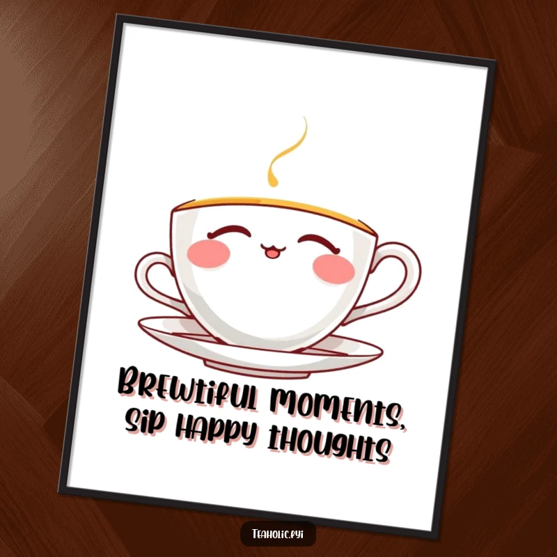 Funny Free Printable Wall Art featuring a thrilled teacup character enjoying a peaceful tea moment with eyes closed, radiating calm.