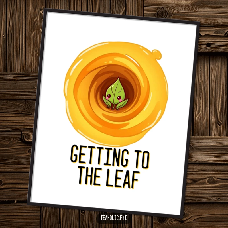 Funny free printable wall art showing a curious tea leaf character peeking from a swirling vortex of tea, creating an intriguing visual.