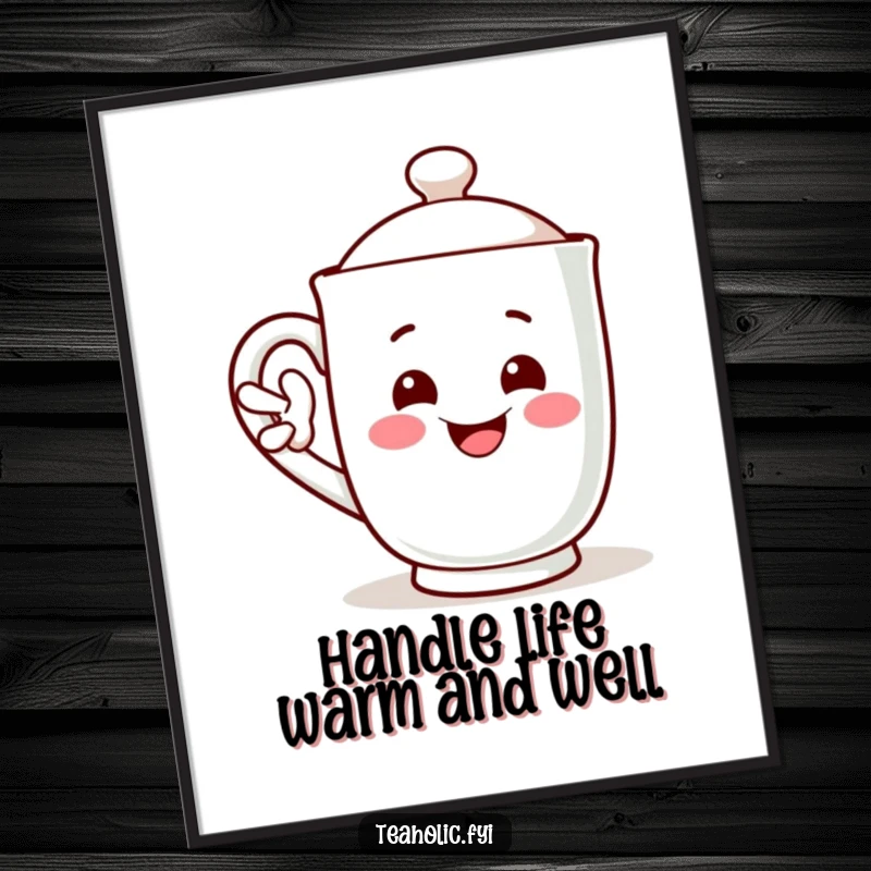 Funny Free Printable Wall Art: A smiling tea mug character offers a warm and friendly wave using its handle.