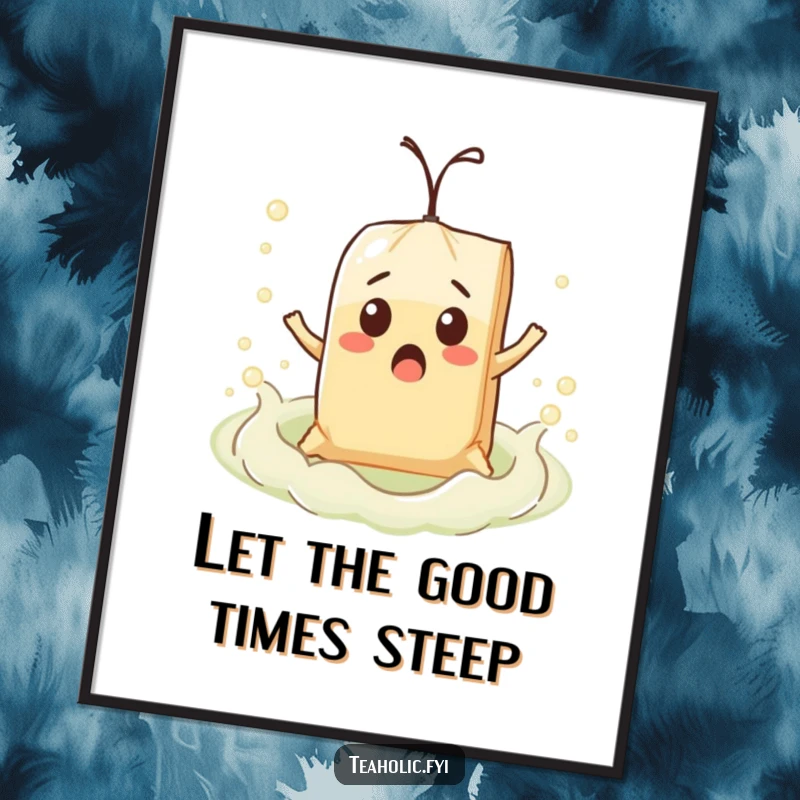 Funny Free Printable Wall Art: A surprised teabag character comically floats on a bubbly tea sea, adding humor to decor.