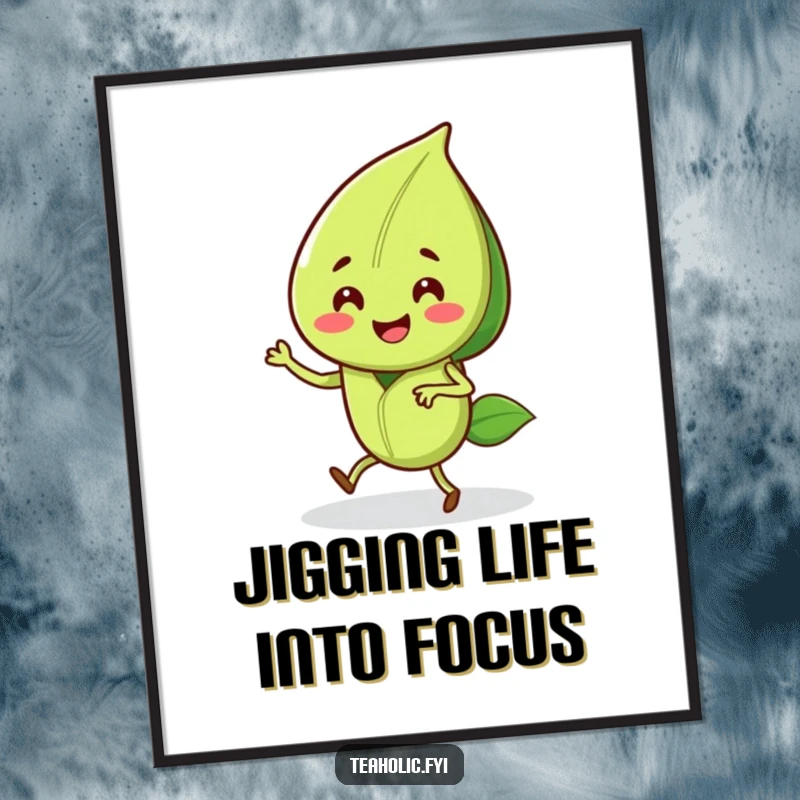 Funny free printable wall art of a joyful tea leaf character captured mid-jig, radiating happiness and playful energy.