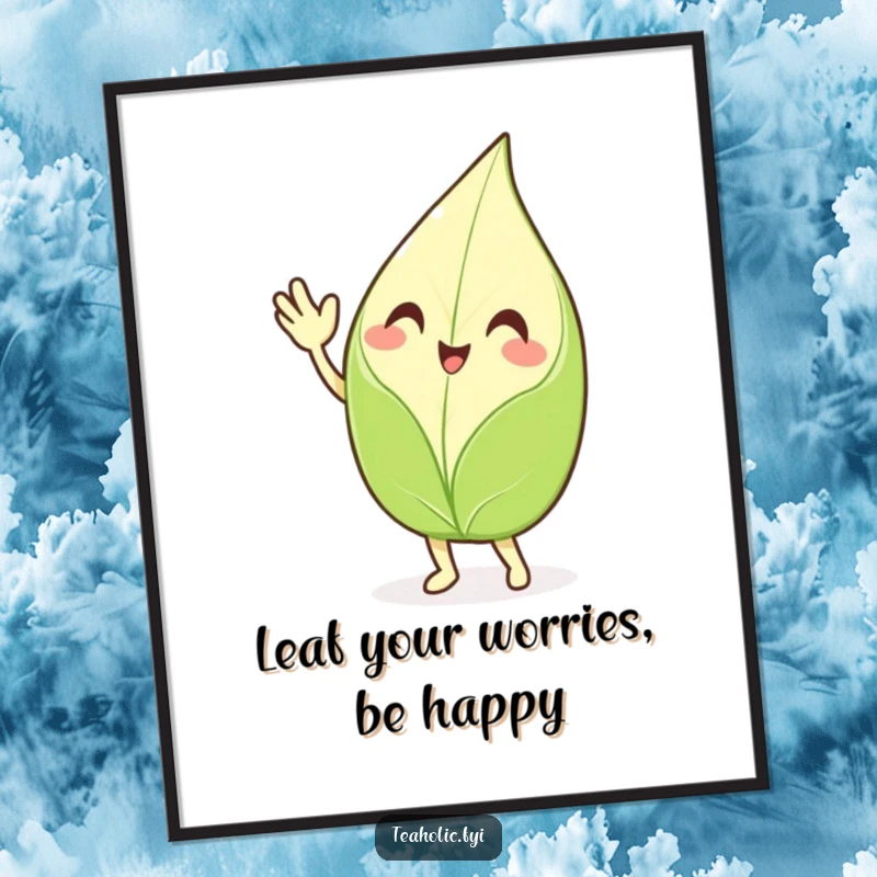 Funny Free Printable Wall Art: A smiling tea leaf character waving enthusiastically, bringing a cheerful and humorous vibe to your wall decor.