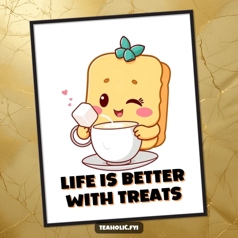 Funny free printable wall art of a winking biscuit character sharing tea with a sugar cube, a sweet and charming piece.