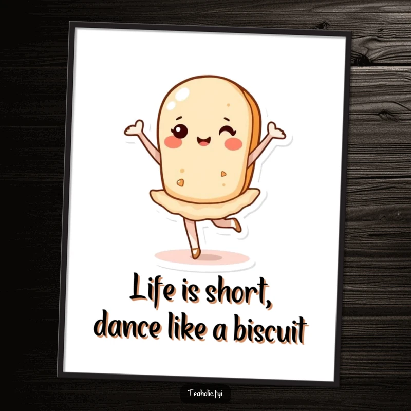 Funny Free Printable Wall Art of a cheerful tea biscuit performing a graceful pirouette, adding a touch of ballet and humor.