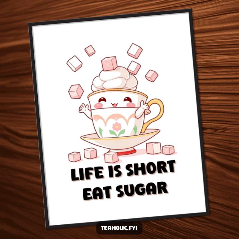 Funny Free Printable Wall Art: A teacup character energetically juggles sugar cubes, creating a lively scene.