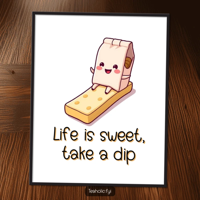 Funny Free Printable Wall Art: Playful tea bag character sliding down a sugary biscuit slide, whimsical downloadable decor.