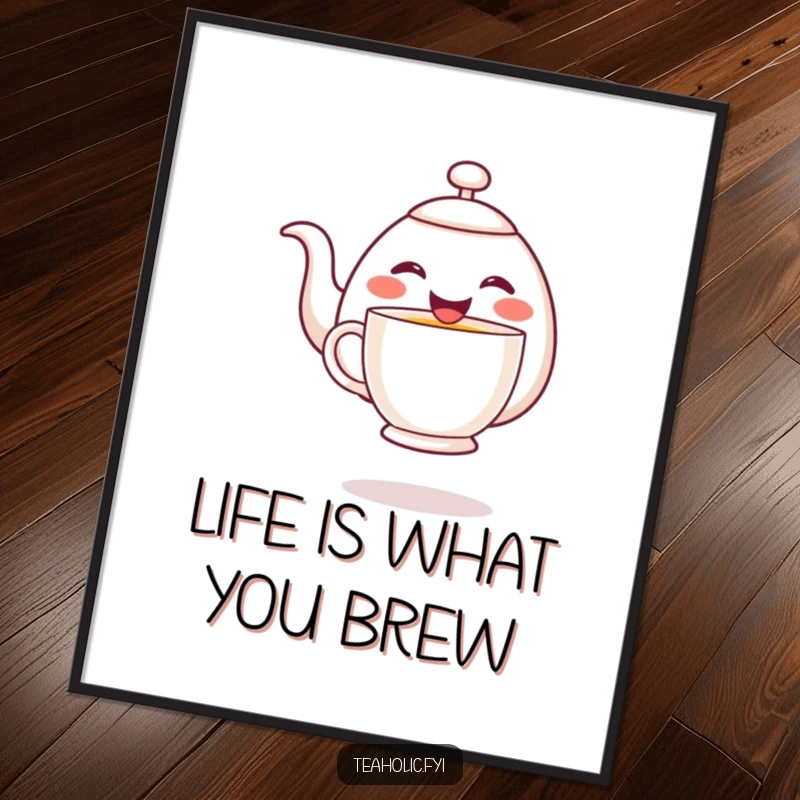 Funny Free Printable Wall Art: A cheerful teapot character joyfully pours tea into a hovering mug, spreading happiness.