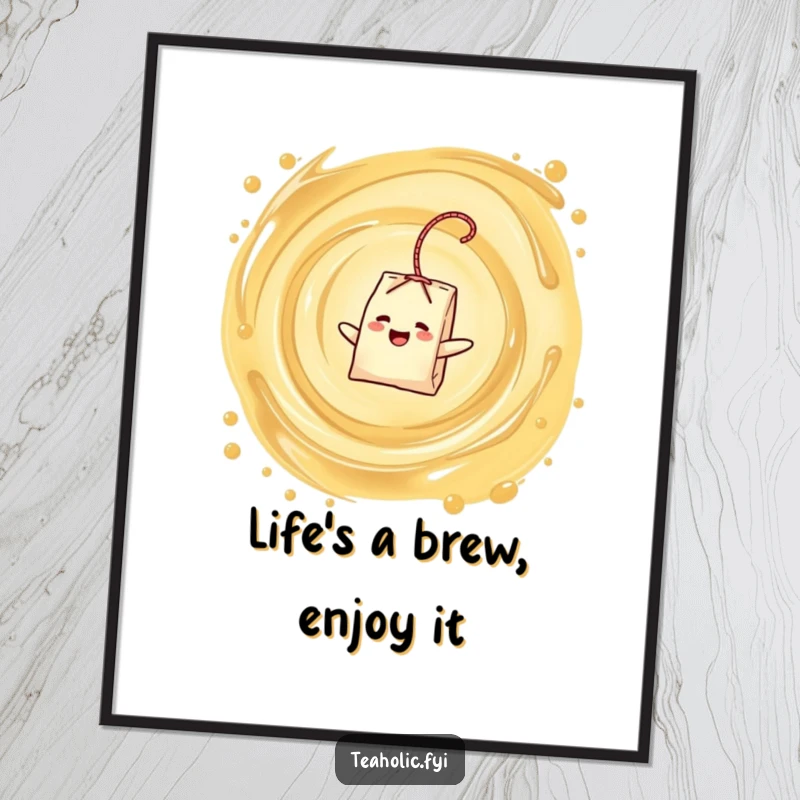 Funny Free Printable Wall Art: A delighted tea bag character floats peacefully in a mesmerizing swirling vortex of tea.