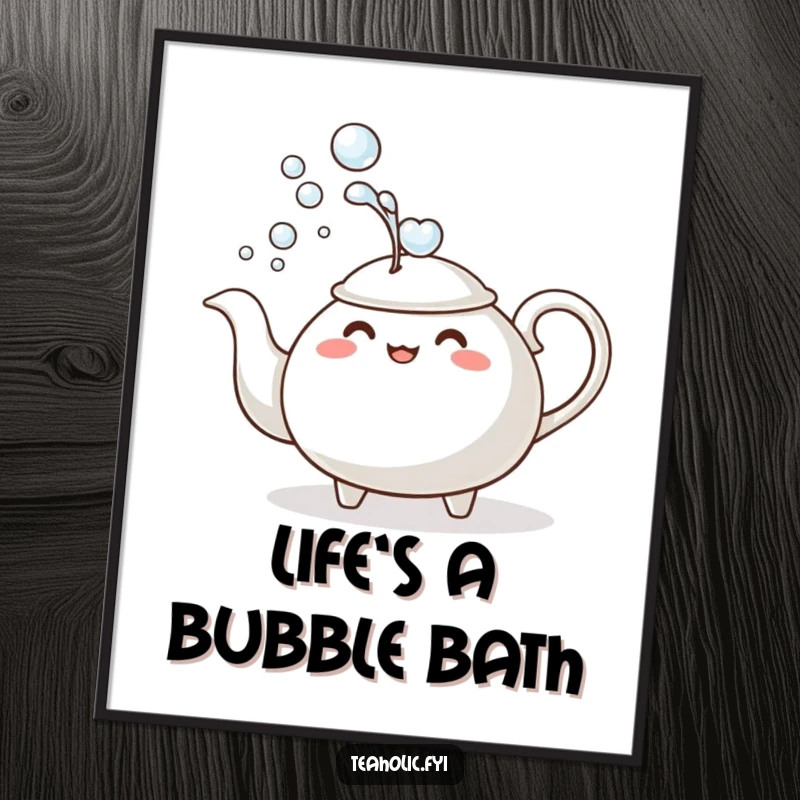 Funny free printable wall art of a teapot comically dousing itself with bubbles, bringing bathroom humor to decor.