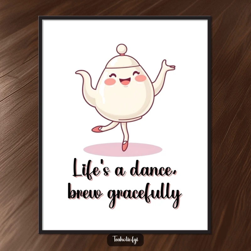 Funny Free Printable Wall Art: A cheerful teapot character mid-ballet pirouette, bringing artistic humor and charm to your home decor.