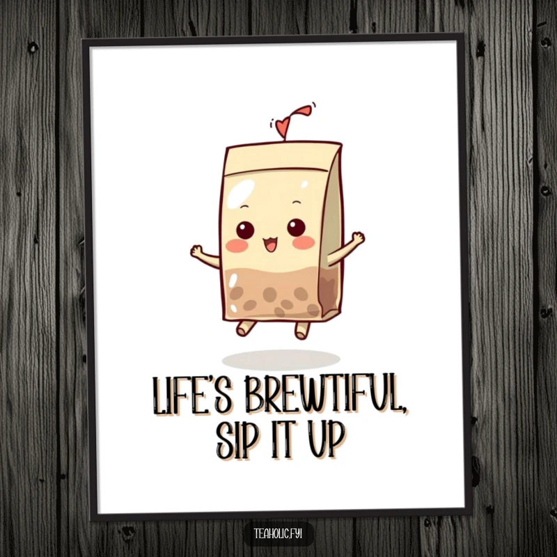 Funny Free Printable Wall Art: A tea bag wearing a tiny hat bounces with playful energy, colorful and fun.