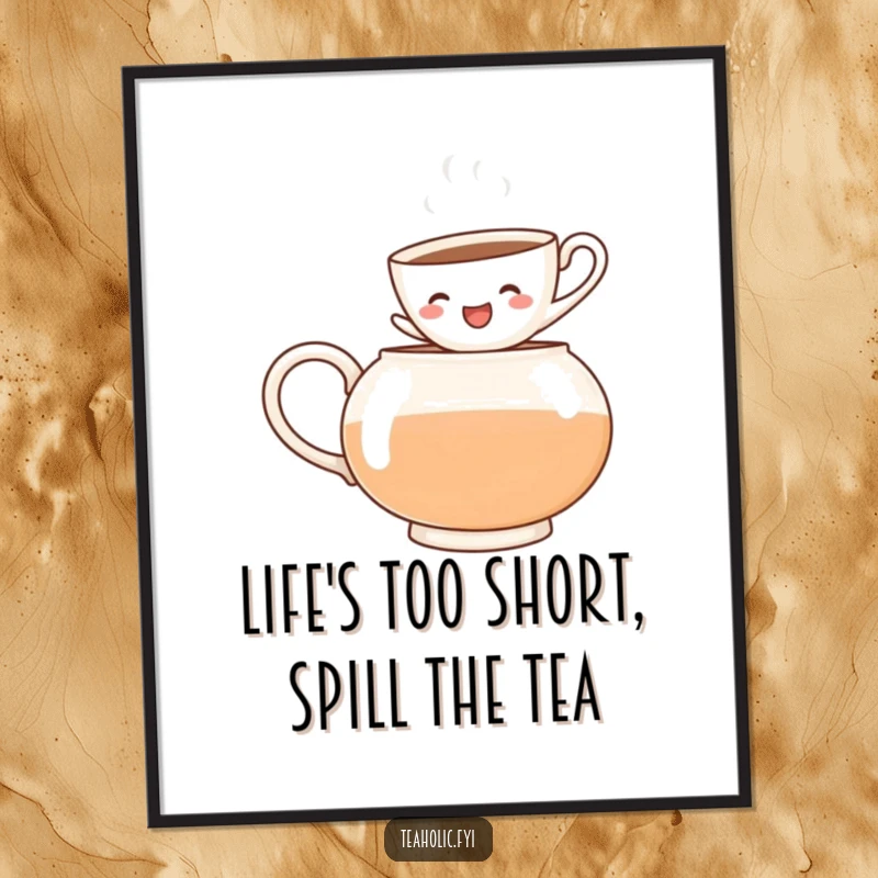 Funny free printable wall art of a cheerful teacup character leaping into a steaming teapot, symbolizing enthusiastic fun.