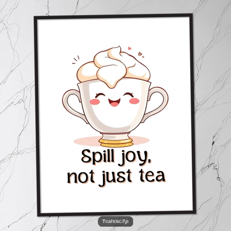 Funny Free Printable Wall Art of a gleeful teacup character spilling frothy tea with a huge smile, creating a playful scene.