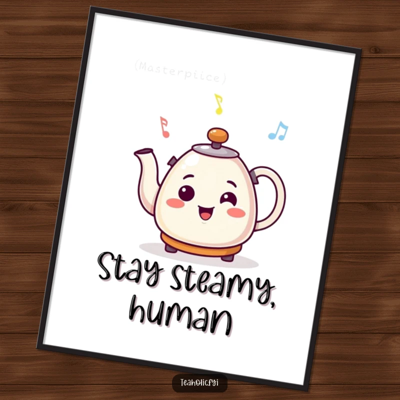 Funny Free Printable Wall Art: Features a smiling kettle character mid-whistle, sending out cheerful musical notes into the air.