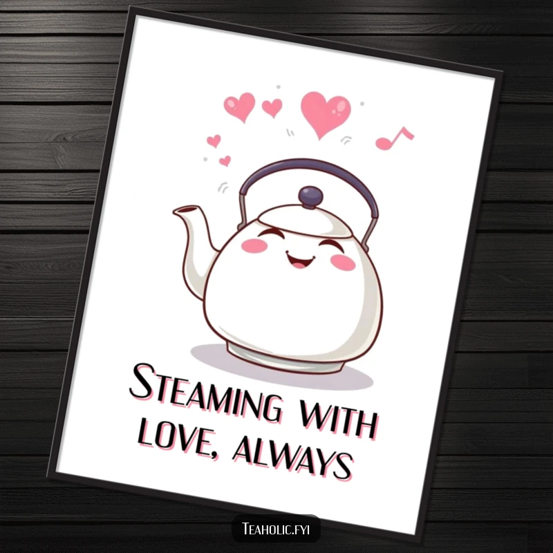 Funny Free Printable Wall Art of a grinning tea kettle whistling merrily, its steam rising into a heart.