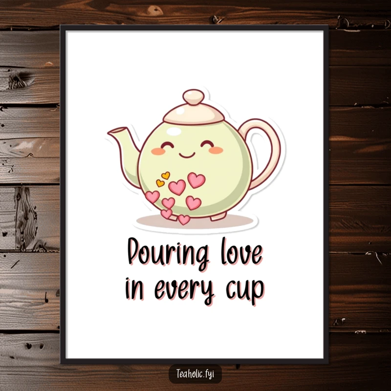 Sweet Free Printable Wall Art: A smiling teapot character joyfully pours a delightful stream of pink and red hearts.