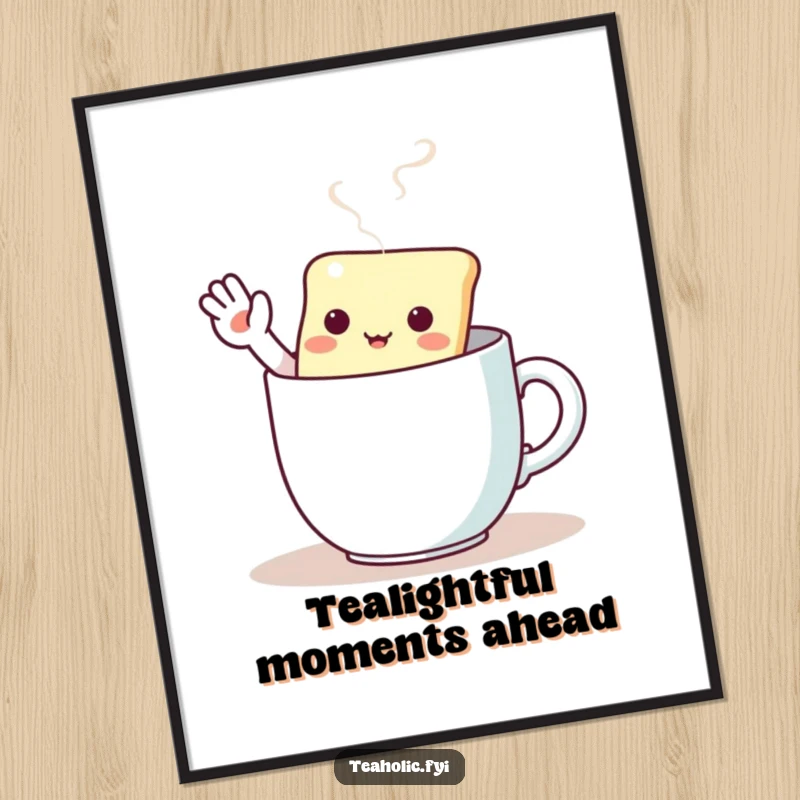 Funny Free Printable Wall Art: A kawaii tea bag character waves enthusiastically from within a steaming mug.