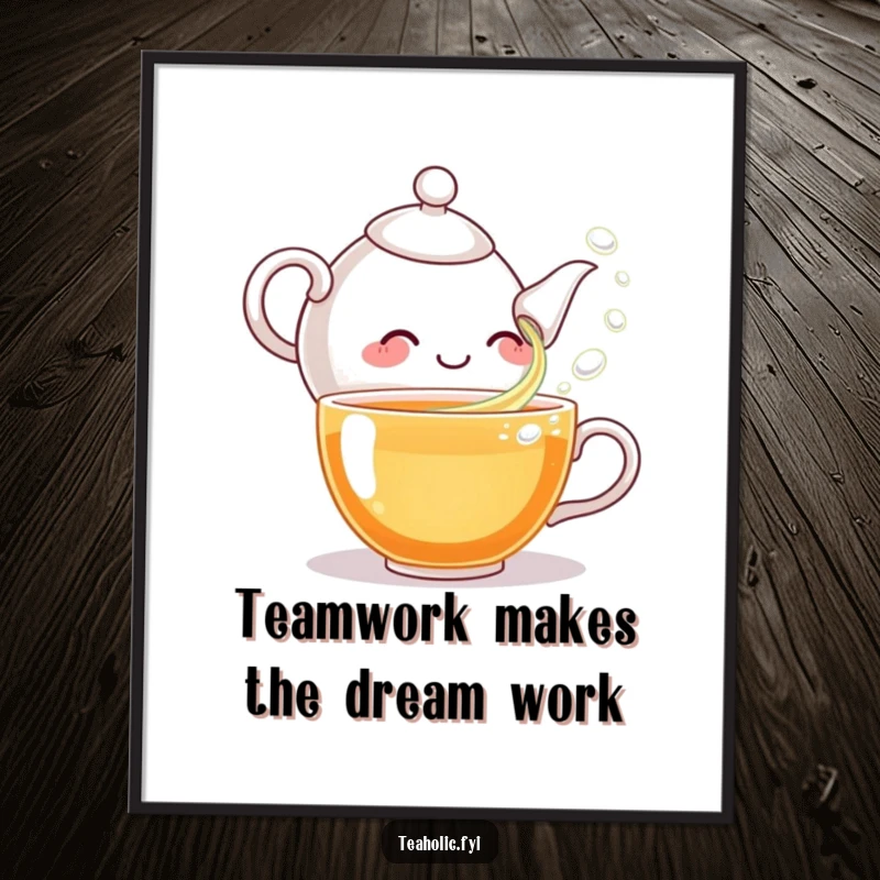 Funny free printable wall art of a giggling teapot character playfully pouring tea bubbles into a teacup for unique decor.
