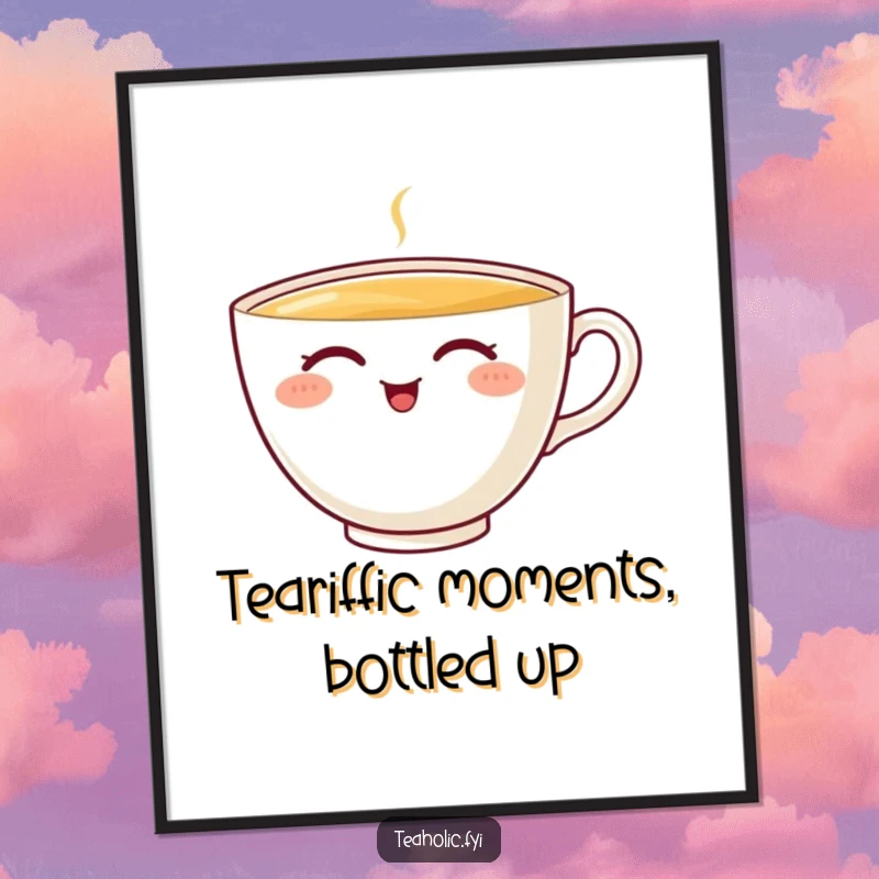Funny Free Printable Teacup Wall Art: A cheerful teacup character enjoying a blissful, contented sip with closed eyes, radiating pure joy.