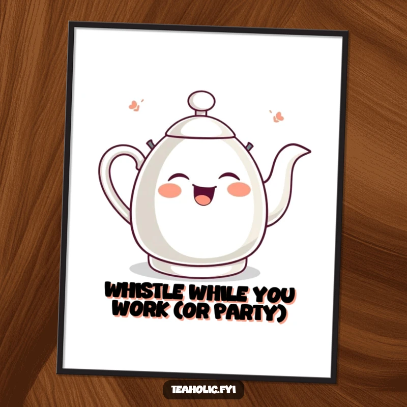 Funny Free Printable Tea Kettle Wall Art, a giggling tea kettle whistles with pure joy, adding cheerful vibes.