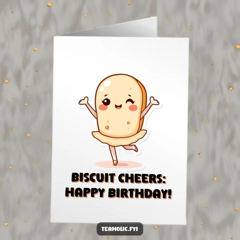 Funny Free Printable Birthday Card featuring a cheerful tea biscuit doing a graceful pirouette with a smile, perfect for a dancer.