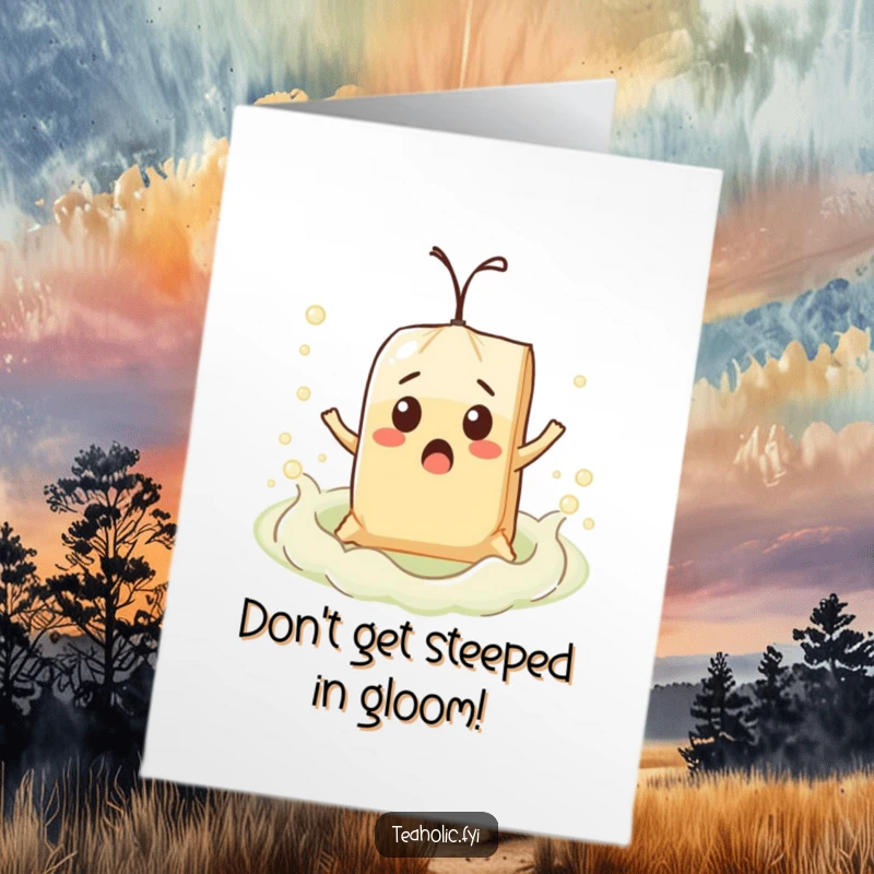 Funny Free Printable Birthday Card: A surprised teabag character comically floats on a bubbly sea of tea, wide-eyed.