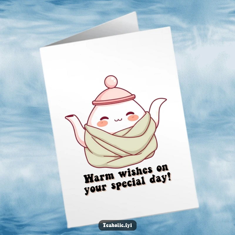 Funny Free Printable Birthday Card showing a contented teapot character snuggled in a cozy, radiating warmth and happiness.