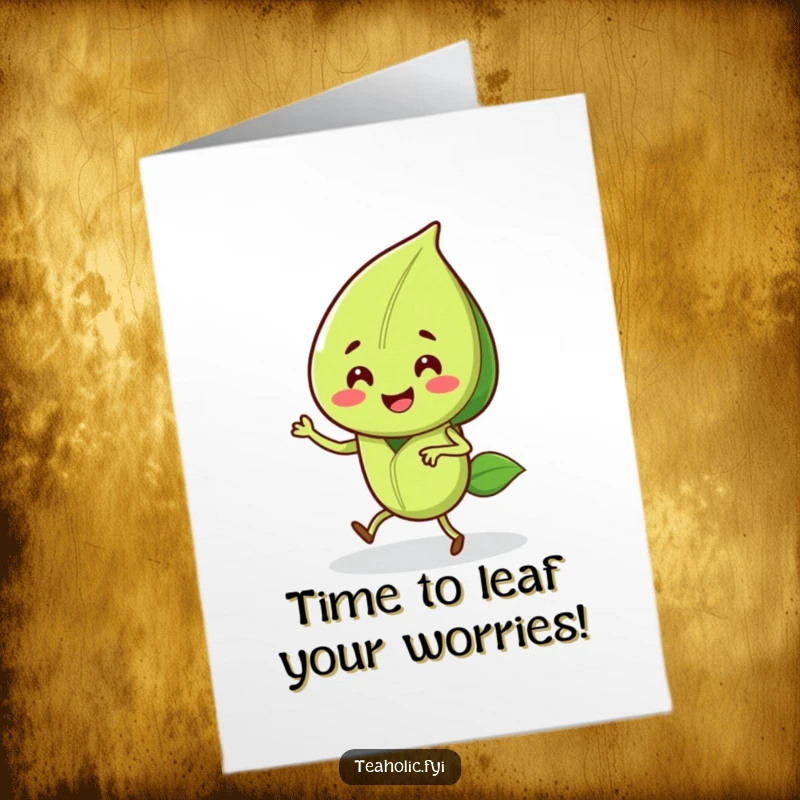 Funny free printable birthday card showing a happy tea leaf character doing an energetic little jig, spreading birthday cheer.