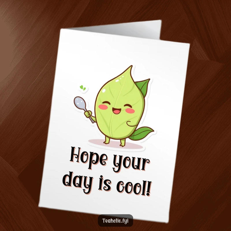 Funny free printable birthday card of a smiling tea leaf character joyfully fanning itself with a miniature spoon.