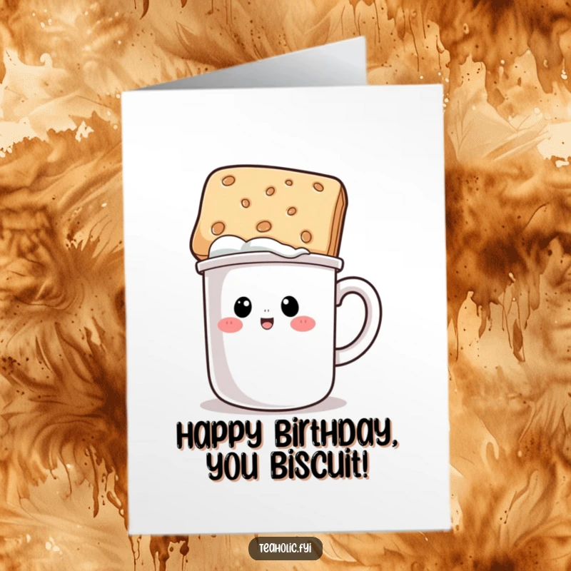 Funny Free Printable Birthday Card: A coffee mug character comically wears a biscuit as a jaunty hat, a downloadable gift.