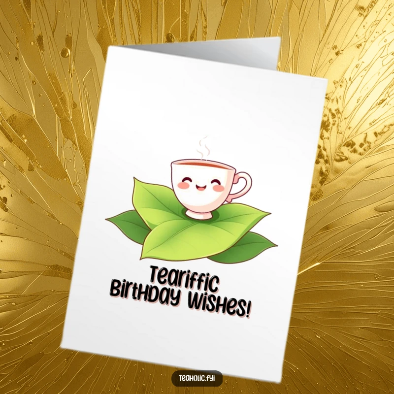 Funny free printable birthday card of a smiling teacup character joyfully floating on a giant green tea leaf.