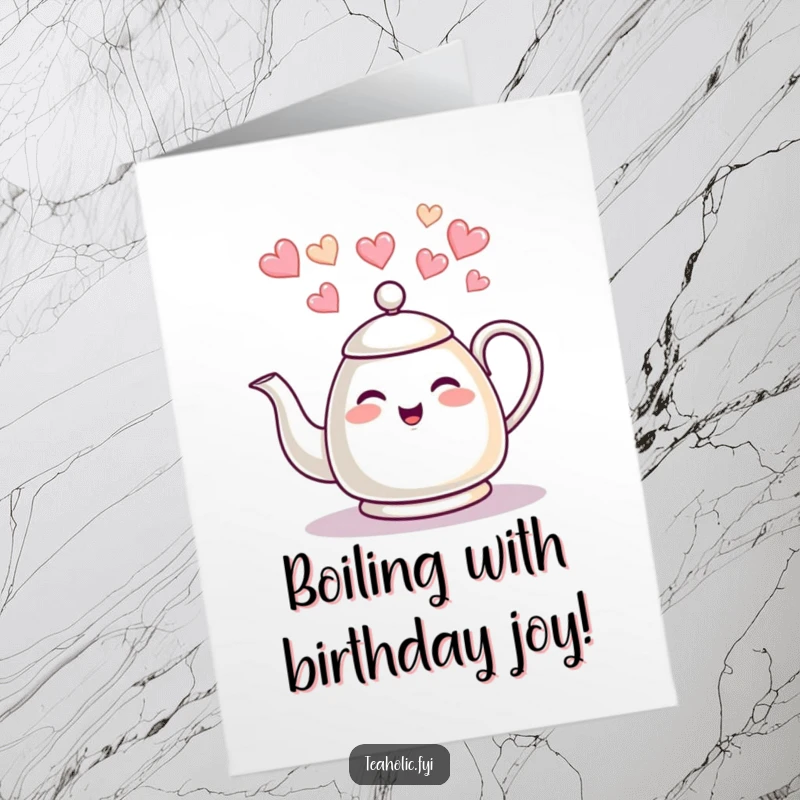 Funny Free Printable Birthday Card: Giggling tea kettle character sending heart-shaped steam, perfect for a joyful DIY gift.