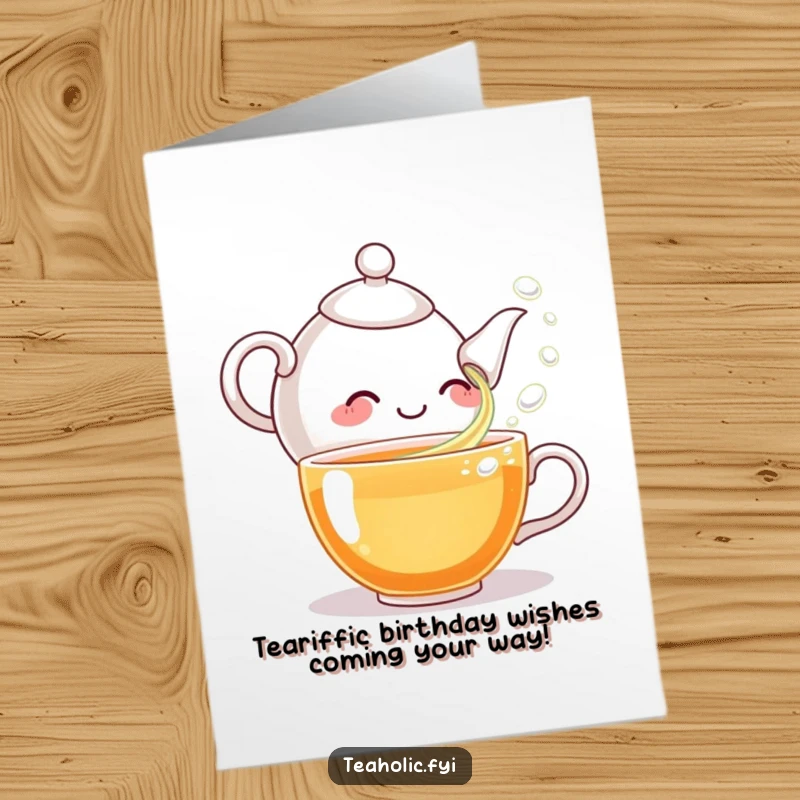 Funny free printable birthday card featuring a giggling teapot character joyfully pouring bubbly tea into a teacup.
