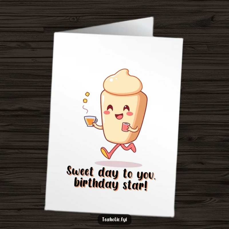 Funny Free Printable Birthday Card: A smiling pastry character happily skips along, holding a cup of tea for a birthday.