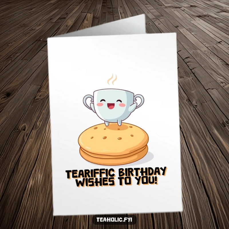 Funny Free Printable Birthday Card: Steaming teacup character joyfully leaping over a comically large biscuit.