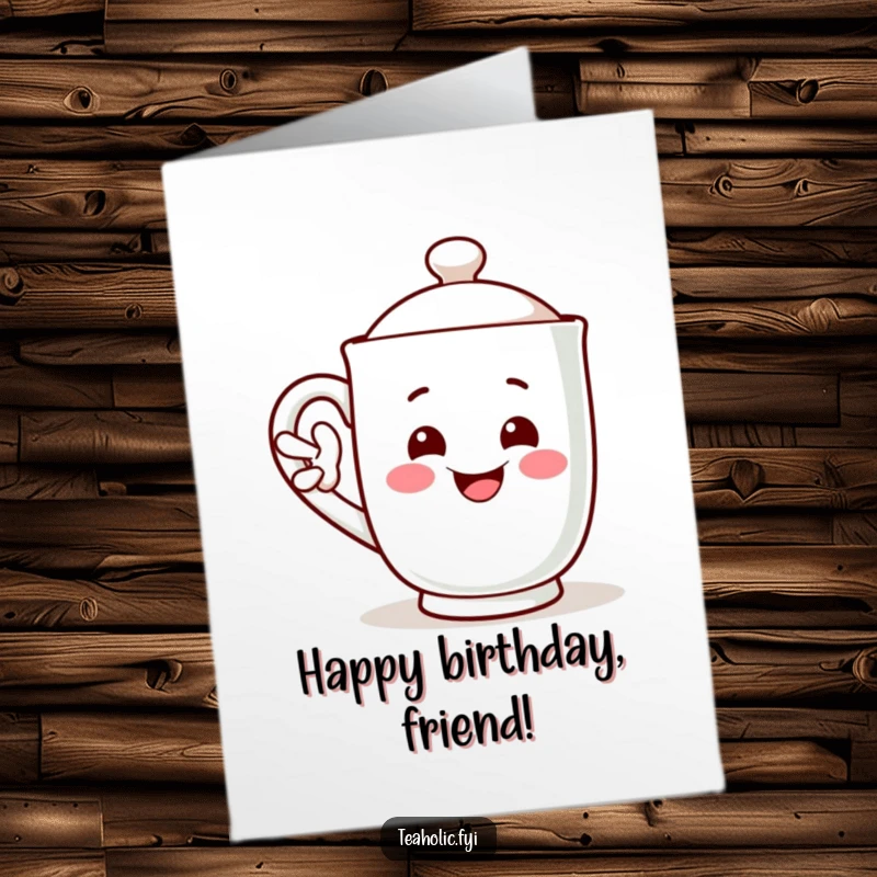 Funny Free Printable Birthday Card: A happy tea mug character extends its handle like an arm, giving a friendly wave.