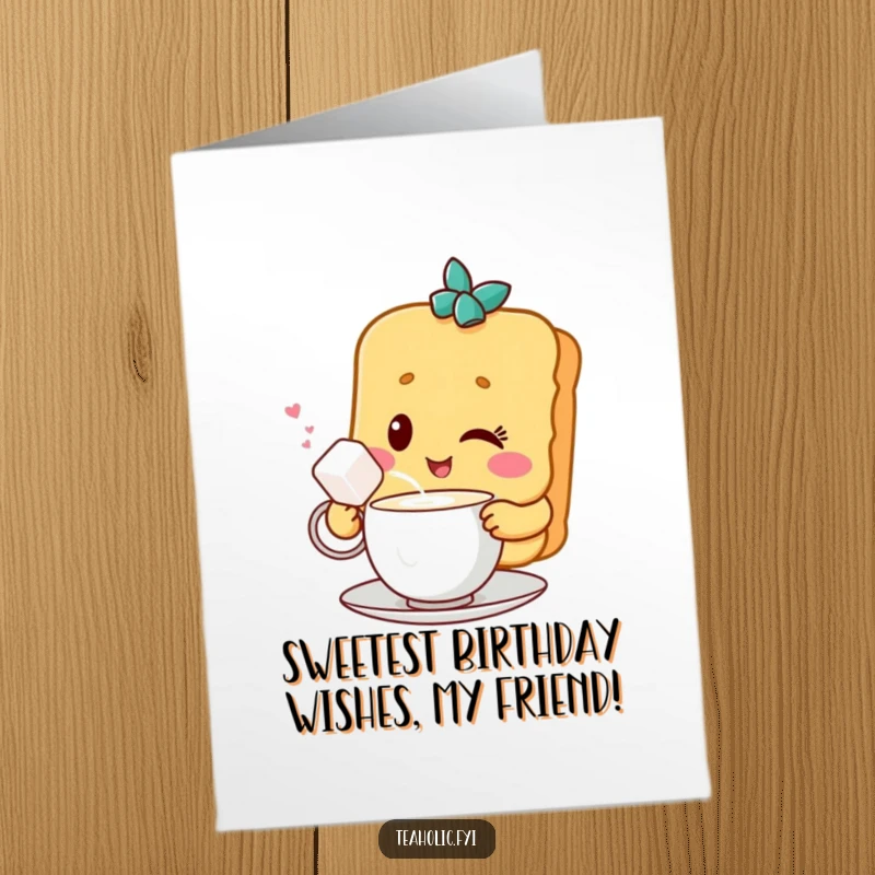 Funny free printable birthday card: a winking biscuit character charmingly shares tea with a sugar cube, a sweet gesture.