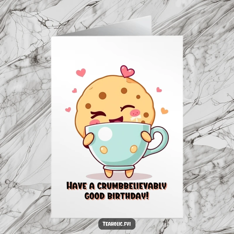 Funny Free Printable Birthday Card: A winking cookie character holding a teacup overflowing with delightful, happy emotions.
