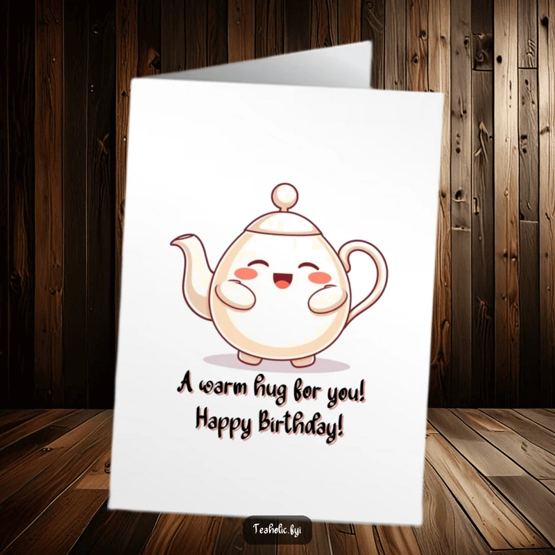 Funny Free Printable Birthday Card: A smiling teapot character extends its handle for a cozy, warm hug.