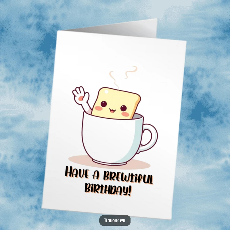 Funny Free Printable Birthday Card: Kawaii tea bag character enthusiastically waves from inside a steaming mug.