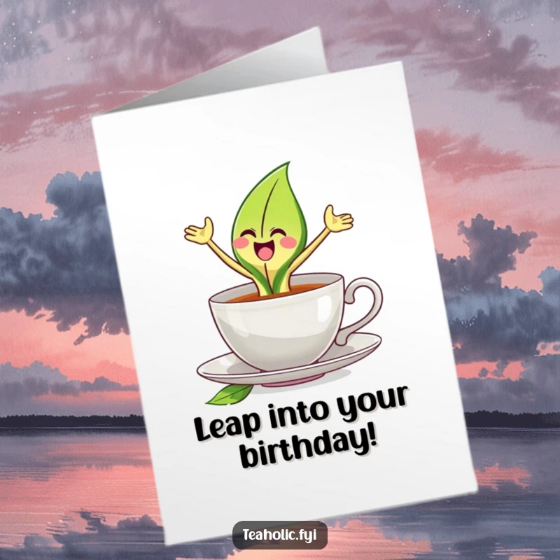 Funny Free Printable Tea Leaf Birthday Card, a joyful tea leaf character leaps energetically from a teacup.
